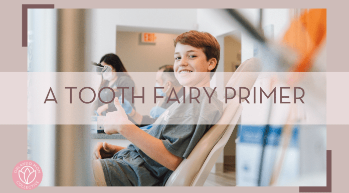 Nate Johnston via unsplash photo of boy in dentist chair thumb up and smiling with 'a tooth fairy primer' in text over top of image
