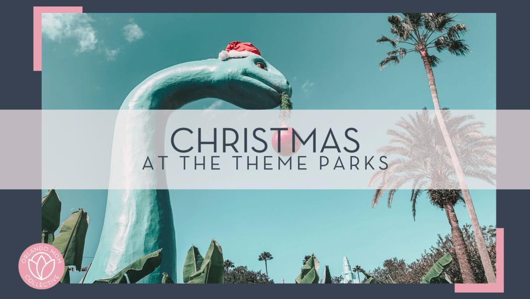 Alyssa eakin via unsplash with dinosaur with Santa hat and ornament in mouth with words 'Christmas at the theme parks' over top