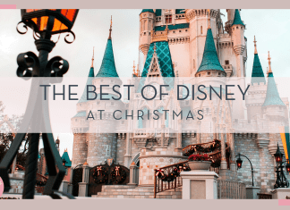 cody board via unsplash picture of Christmas wreathes and garland on cinderella castle with 'the best of disney at christmas' in tex overtop of picture