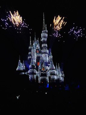 Frozen overlay of cinderella castle with fireworks