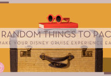 Amy Shamblen via Unsplash photo of brown lugging on side, handle out with books and red sunglasses on top with words '9 random things to pack to make your Disney Cruise experience easier' over top picture