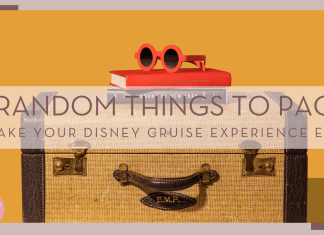 Amy Shamblen via Unsplash photo of brown lugging on side, handle out with books and red sunglasses on top with words '9 random things to pack to make your Disney Cruise experience easier' over top picture