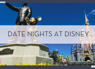 Jose mizrahi via unsplash photo of the Walt and mickey statue with castle behind with words ' date nights at disney' in text over top of the image