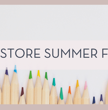 Jess Bailey photo via Unsplash of multi color pencils sharpened and at differing heights on white background with words 'in store summer fun' over top