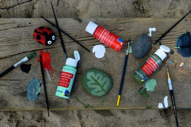green and red paint in bottles with painted rocks to look like leaves and natural stones on wooden table - photo by Mariah Hewines via Unsplash