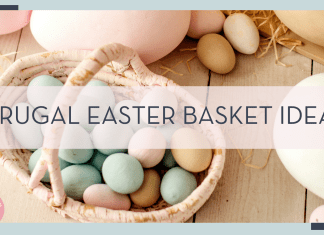 eugenivy now via unsplash photo of pastel color Easter eggs in wooden basket with 'frugal Easter Basket ideas' in text over top