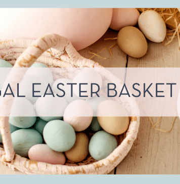 eugenivy now via unsplash photo of pastel color Easter eggs in wooden basket with 'frugal Easter Basket ideas' in text over top