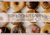 Annie Spratt via Unsplash photo of 12 donuts in a box taken from the top. Various kinds, glazed, chocolate, striped icing. Words 'top 7 donut spots in orlando' over top