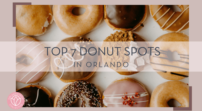 Annie Spratt via Unsplash photo of 12 donuts in a box taken from the top. Various kinds, glazed, chocolate, striped icing. Words 'top 7 donut spots in orlando' over top