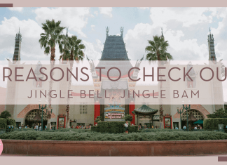 Kaleb Tapp via Unsplash photo of the building of Mickey and Minnie's Runaway Railway with palm trees and words '7 reasons to check out Jingle Bell, Jingle Bam' over image