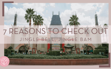 Kaleb Tapp via Unsplash photo of the building of Mickey and Minnie's Runaway Railway with palm trees and words '7 reasons to check out Jingle Bell, Jingle Bam' over image