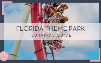 itai aarons via unsplash photo of people on a red rollercoaster with hands up and yelling with text 'florida theme park survival guide' over top of the image