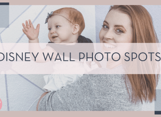 Picture from Amanda Batts of a mom and daughter in front of the purple wall in Magic Kingdom with text 'disney wall photo spots!' in front of image