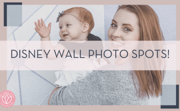 Picture from Amanda Batts of a mom and daughter in front of the purple wall in Magic Kingdom with text 'disney wall photo spots!' in front of image