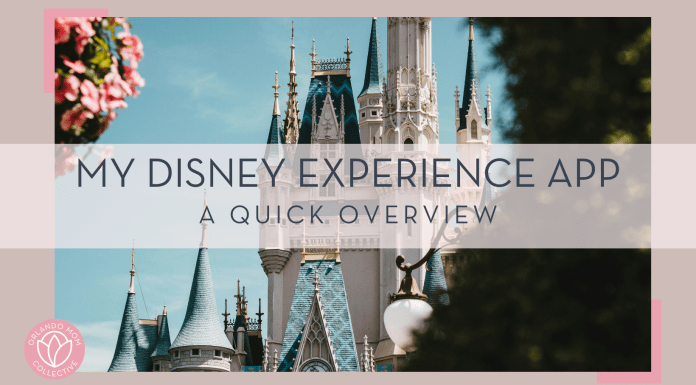 top of cinderella castle behind flowers and tree with 'my disney experience app a quick overview' in text over top