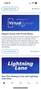 Disney app main page on the Request Access with Virtual Queue