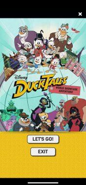 Ducktales main screen with all the characters and DuckTales in the middle buttons with 'lets go' and 'exit' below