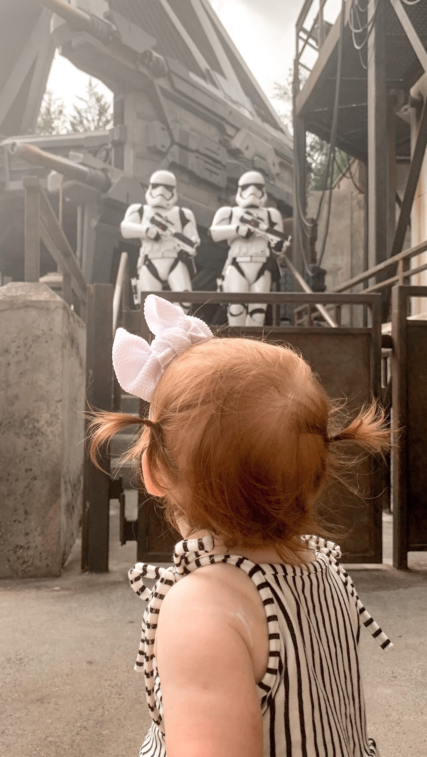back of a little girl's head with pigtails and a bow looking at two stormtroopers behind a gate