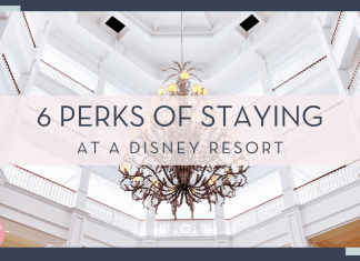 Dennis Cortes via unsplash photo of a big chandelier and ceiling of the Grand Floridian Resort with text '6 perks of staying at a Disney Resort' in front of picture
