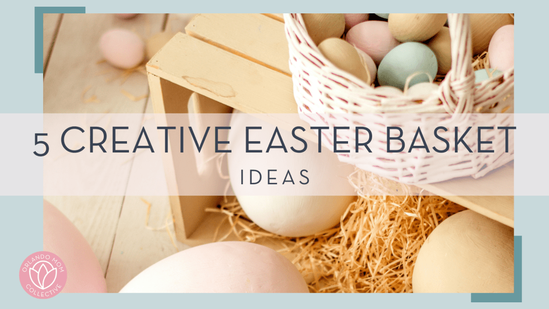 eugenivy now via unsplash photo of pastel Easter eggs in a basket on a crate with words '5 creative Easter Basket ideas' in text over top