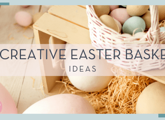eugenivy now via unsplash photo of pastel Easter eggs in a basket on a crate with words '5 creative Easter Basket ideas' in text over top
