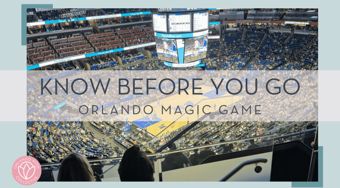 crowd and court inside the Kia Center with words 'know before you go orlando magic game' in text overtop