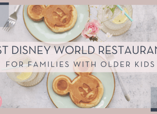 andrijana bozic unsplash image of mickey shaped pancakes and smoothies with words 'best Disney World restaurants for families with older kids' over top of picture.