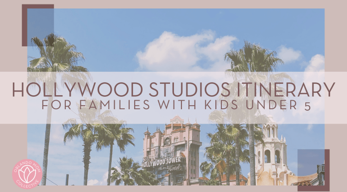 Mckenzie sobieski via unsplash photo of the Hollywood Tower Hotel at the end of a street lined with palm trees with 'Hollywood studios itinerary for families with kids under 5' over top