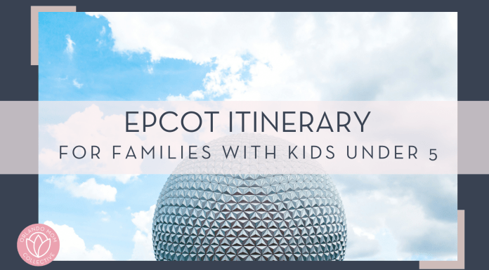 park troopers via unsplash picture of spaceship earth and sunny sky with text 'Epcot itinerary for families with kids under 5' over