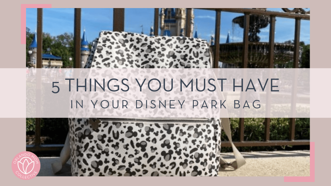 gray leopard print bag in front of fence with cinderella castle behind with '5 things you must have in your disney park bag' in text in front of image