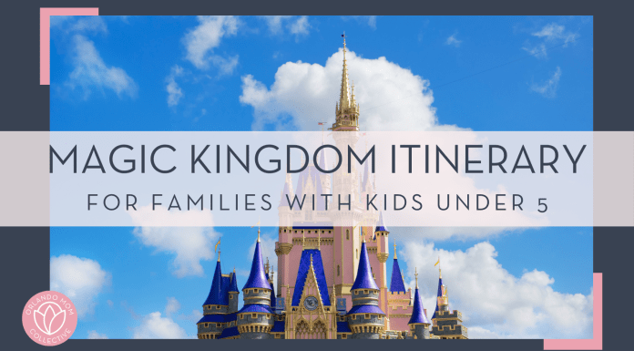 Brian mcgowan via unsplash photo of Cinderella Castle with blue sky behind with 'magic kingdom itinerary for families with kids under 5' in text over top of image