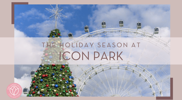 Christmas tree with Ferris wheel behind and blue sky with clouds with 'the holiday season at icon park' in text on top of photo