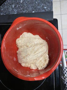 *** After one full bowl rotation of stretching and folding the dough, this is what the dough will look like. Now, leave it overnight to rise.