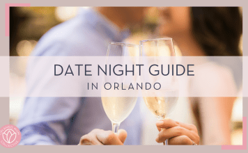 Joshua chun via unsplash image of a blurry couple in the background with champagne glasses in foreground with 'date night guide in orlando' in text over top of photo