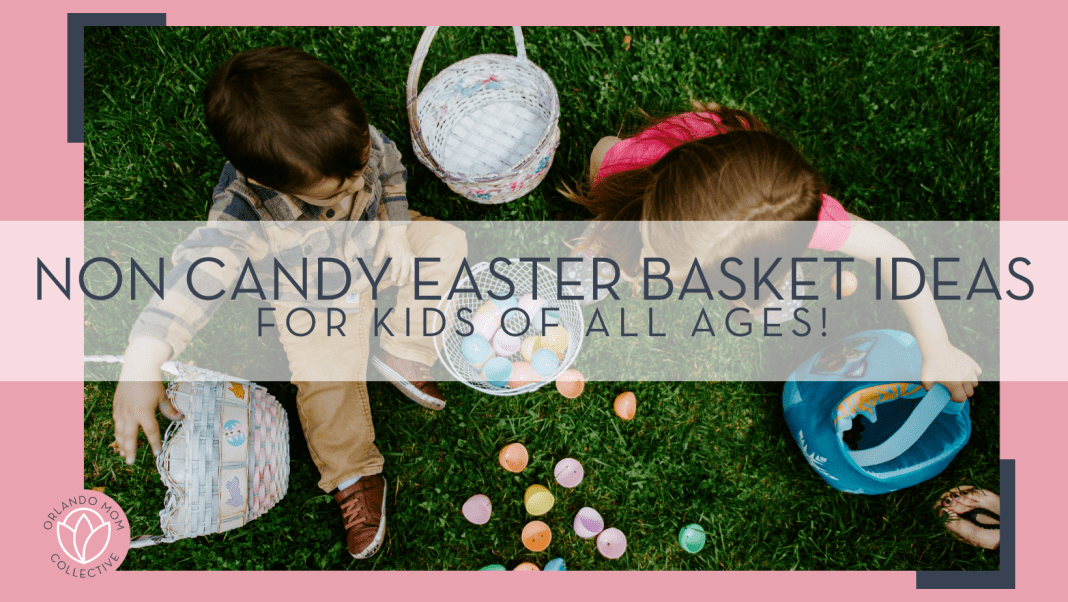 gabe pierce via unsplash image of two kids with easter baskets next to them taken from above with words 'non candy Easter Basket ideas for kids of all ages!