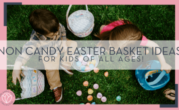 gabe pierce via unsplash image of two kids with easter baskets next to them taken from above with words 'non candy Easter Basket ideas for kids of all ages!" over top