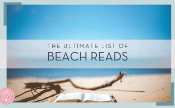 Ben White photo via Unsplash - picture of open book on the beach with large stick behind and the ocean and sky far behind. words 'the ultimate list of beach reads' overtop of image