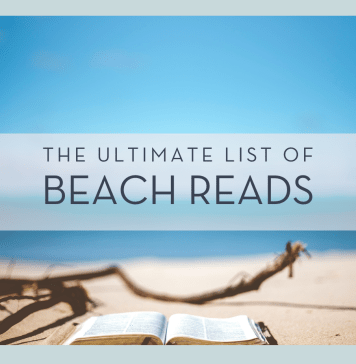 Ben White photo via Unsplash - picture of open book on the beach with large stick behind and the ocean and sky far behind. words 'the ultimate list of beach reads' overtop of image