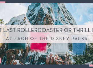 Matt Benson via unsplash photo of rainbow flags in front of snow covered mountain with text 'best last rollercoaster or thrill ride at each of the disney parks' in front.