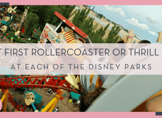 Patrick Konior via unsplash image of people riding Slinky Dog Dash from the coaster with 'best first rollercoaster or thrill ride at each of the Disney parks' in text on top