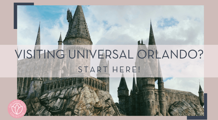 jules marvin eguilo via unsplash image of Hogwarts castle in Universal Orlando with 'visiting universal Orlando? start here!' in text in front.