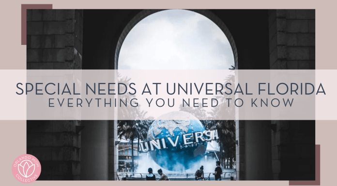 photo via unsplash, no name given. photo through arched walkway of universal globe with water spraying it and people walking by with text 'special needs at universal florida everything you need to know' on top of the picture