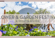 greg c via unsplash photo of mickey topiary in front of spaceship earth with 'flower & garden festival a mom's guide' in text over top