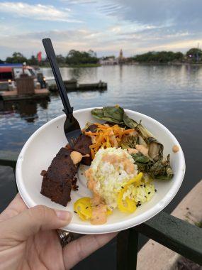fork in brown food, with yellow and orange shredded vegetables, grilled green vegetable and white rice on white plate with lagoon and boat behind