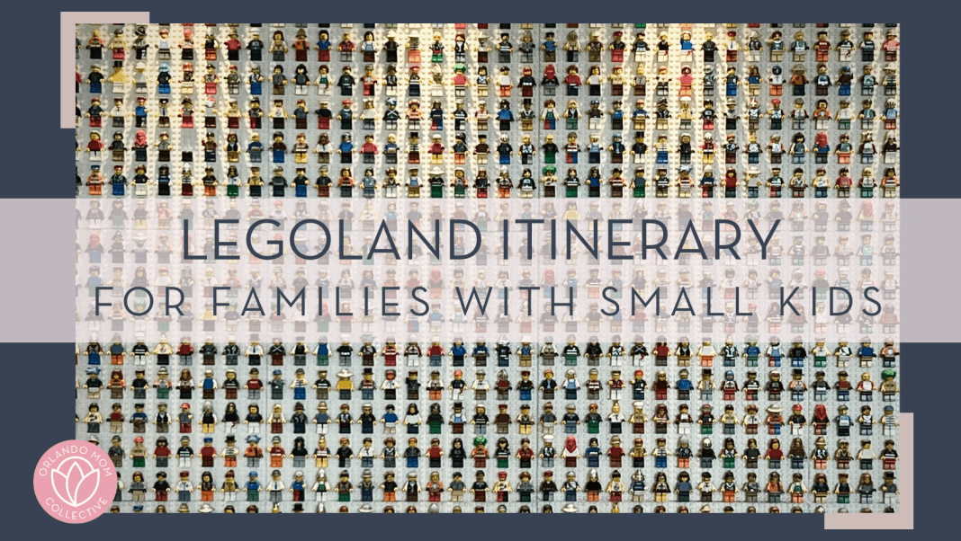 James Qualtrough via unsplash image of lego men in rows with 'Legoland itinerary for families with small kids' in text in front