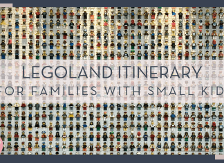 James Qualtrough via unsplash image of lego men in rows with 'Legoland itinerary for families with small kids' in text in front