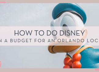 kin li via unsplash image of a large Donald Duck with gray sky behind with the text 'how to do disney on a budget for an orlando local' in front of the image