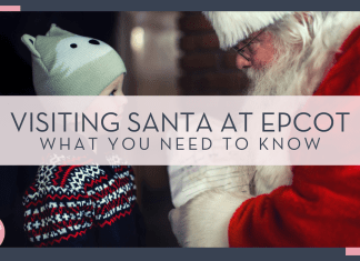 Mike Arney via Unsplash picture of little boy with knitted hat with ears on head talking to Santa with text 'Visiting Santa at EPCOT what you need to know' over top of image.