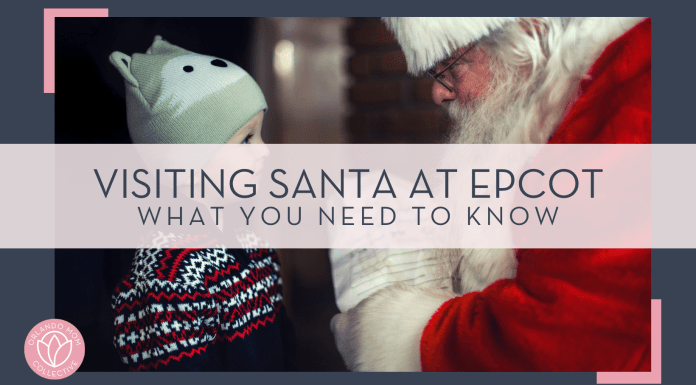 Mike Arney via Unsplash picture of little boy with knitted hat with ears on head talking to Santa with text 'Visiting Santa at EPCOT what you need to know' over top of image.