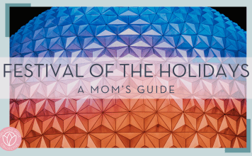 Benjamin suter via unsplash picture of spaceship earth against black sky lit up in orange, purple and blue with 'festival of the holidays a mom's guide' in text overtop